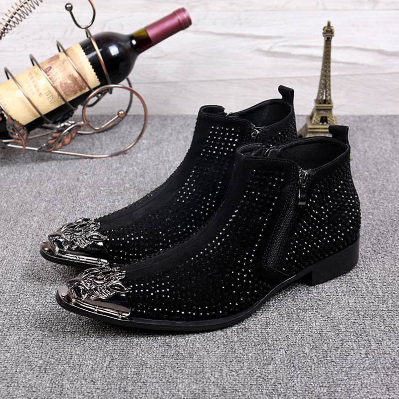 Men's Luxury Black Red Rhinestone Metal Pointed Toe Zipper Ankle Boots