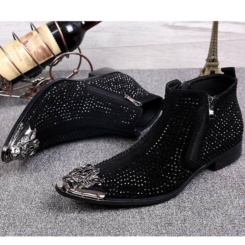 Men's Luxury Black Red Rhinestone Metal Pointed Toe Zipper Ankle Boots