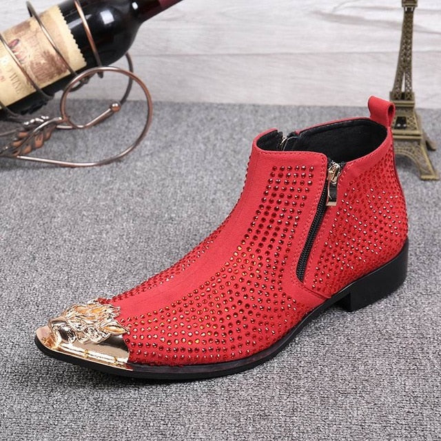 Men's Luxury Black Red Rhinestone Metal Pointed Toe Zipper Ankle Boots