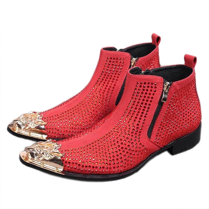 Men's Luxury Black Red Rhinestone Metal Pointed Toe Zipper Ankle Boots