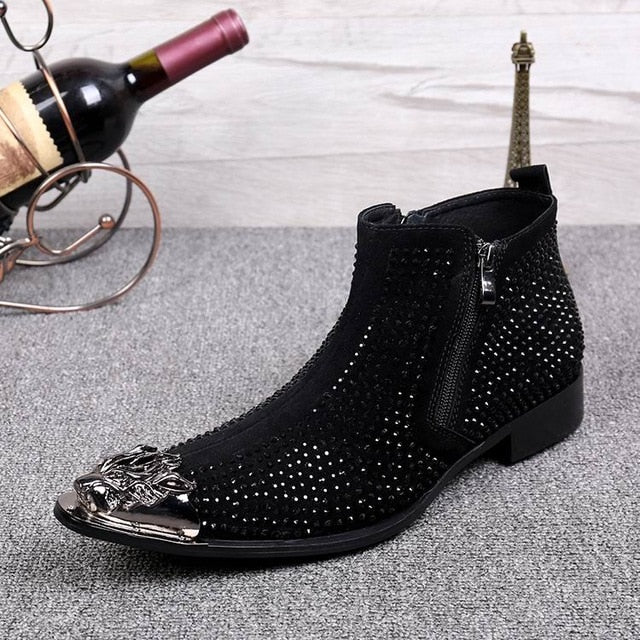 Men's Luxury Black Red Rhinestone Metal Pointed Toe Zipper Ankle Boots