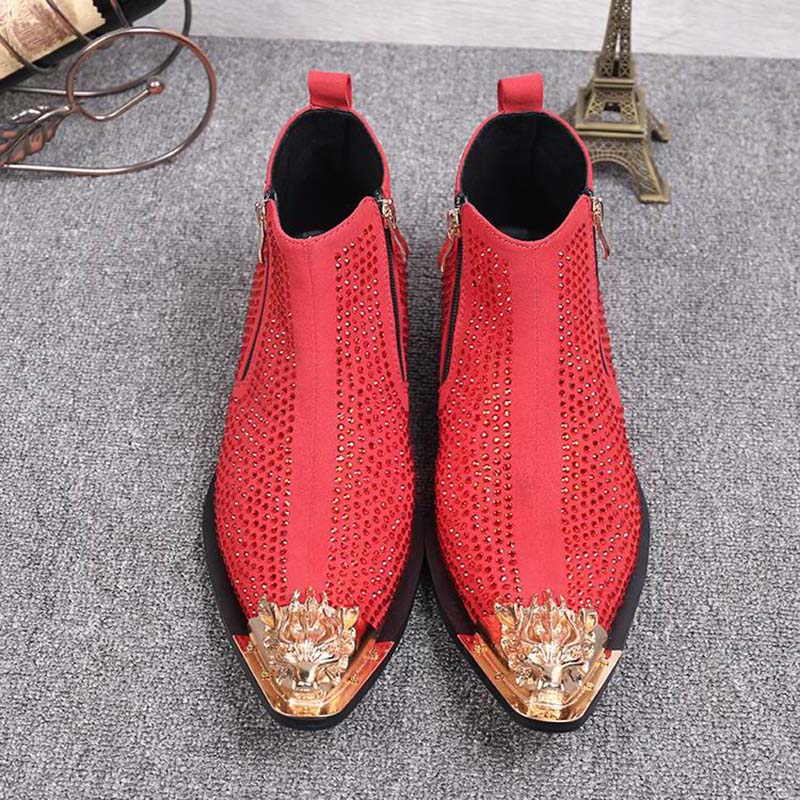 Men's Luxury Black Red Rhinestone Metal Pointed Toe Zipper Ankle Boots