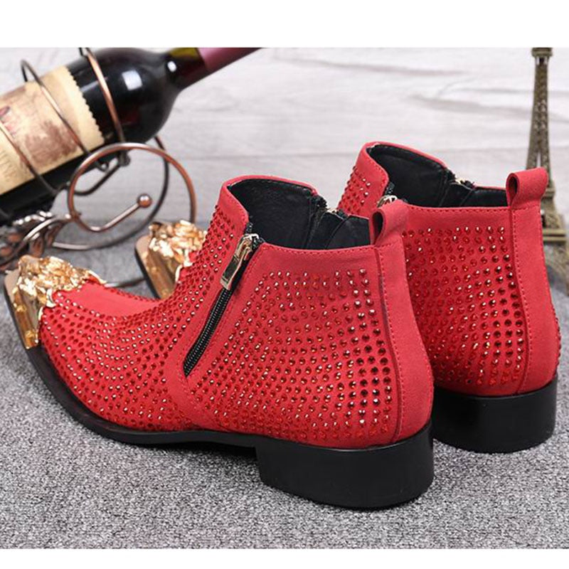 Men's Luxury Black Red Rhinestone Metal Pointed Toe Zipper Ankle Boots