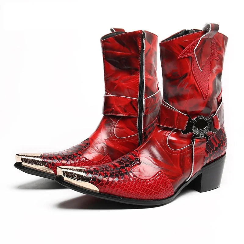 Men's Western Cowboy Leather Metal Toe Motorcycle High Heel Ankle Boots