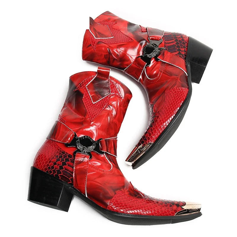 Men's Western Cowboy Leather Metal Toe Motorcycle High Heel Ankle Boots