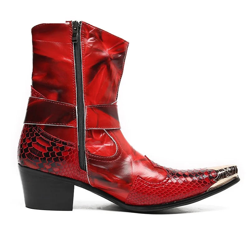 Men's Western Cowboy Leather Metal Toe Motorcycle High Heel Ankle Boots