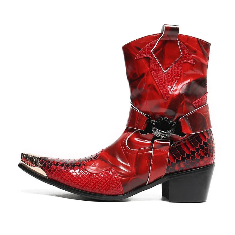 Men's Western Cowboy Leather Metal Toe Motorcycle High Heel Ankle Boots