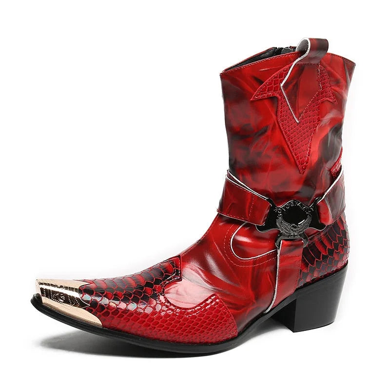 Men's Western Cowboy Leather Metal Toe Motorcycle High Heel Ankle Boots