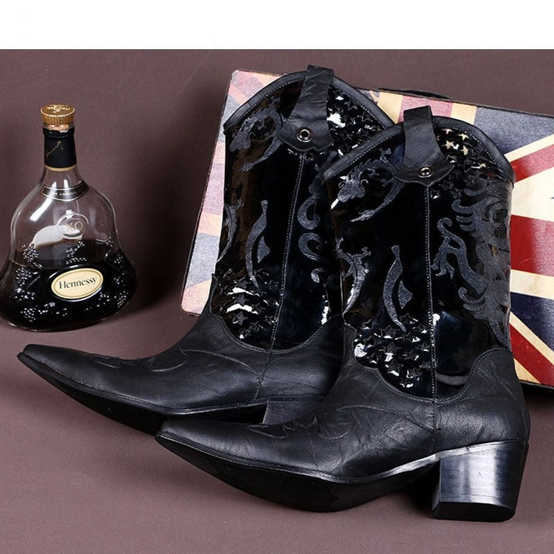 Men's Western Mid-calf Leather Pointed Toe Increased High Heels Boots