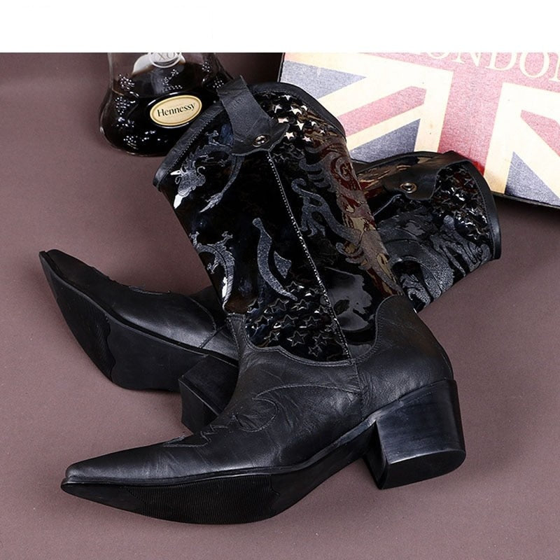 Men's Western Mid-calf Leather Pointed Toe Increased High Heels Boots