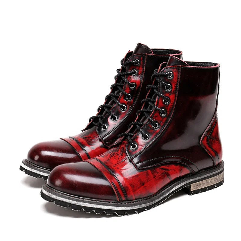 Men's Winter Wine Red Genuine Leather Round Toe British Ankle Boots