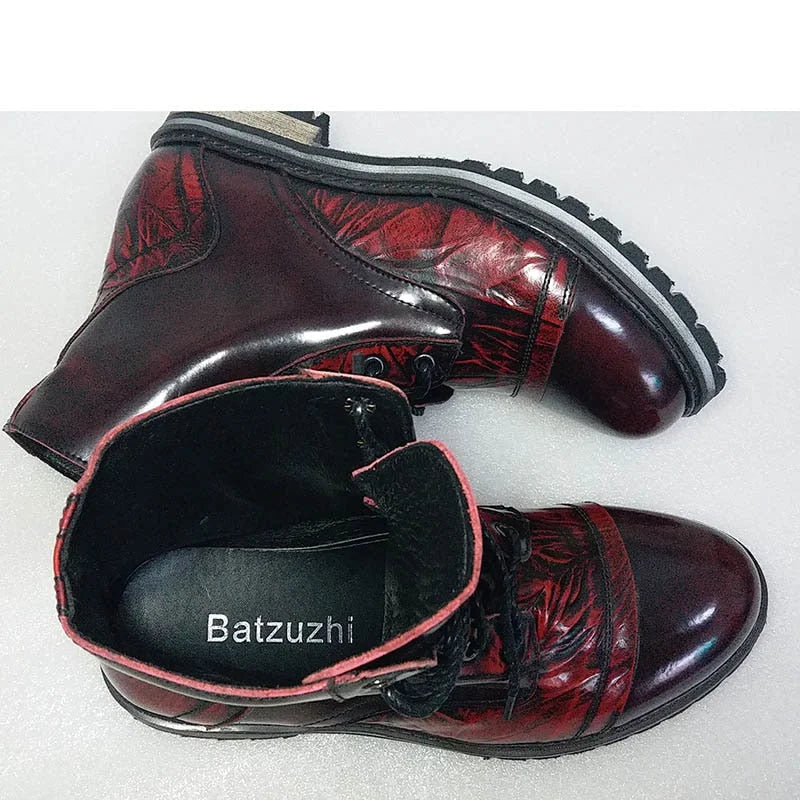 Men's Winter Wine Red Genuine Leather Round Toe British Ankle Boots