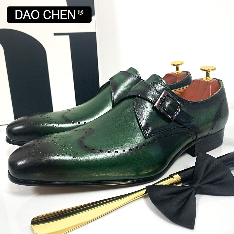 MONK STRAP SHOES BLACK GREEN WINGTIP GENUINE LEATHER MENS DRESS SHOES