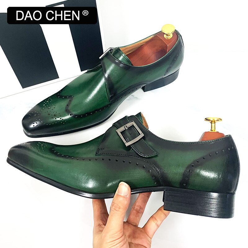 MONK STRAP SHOES BLACK GREEN WINGTIP GENUINE LEATHER MENS DRESS SHOES