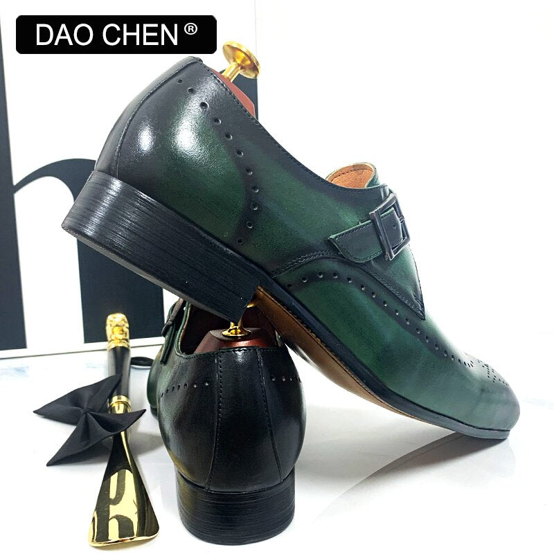 MONK STRAP SHOES BLACK GREEN WINGTIP GENUINE LEATHER MENS DRESS SHOES