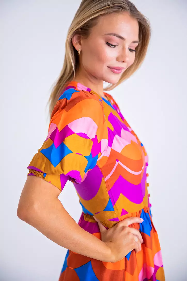 Multi 70's Swirl Puff Sleeve Dress