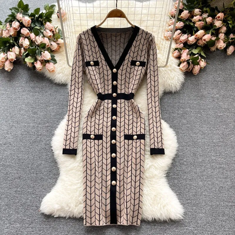 Office Lady Button Sweater Dress Woman Long Sleeve V Neck Knit Sexy Elegant Bodycon Dress Autumn Winter Women Dresses