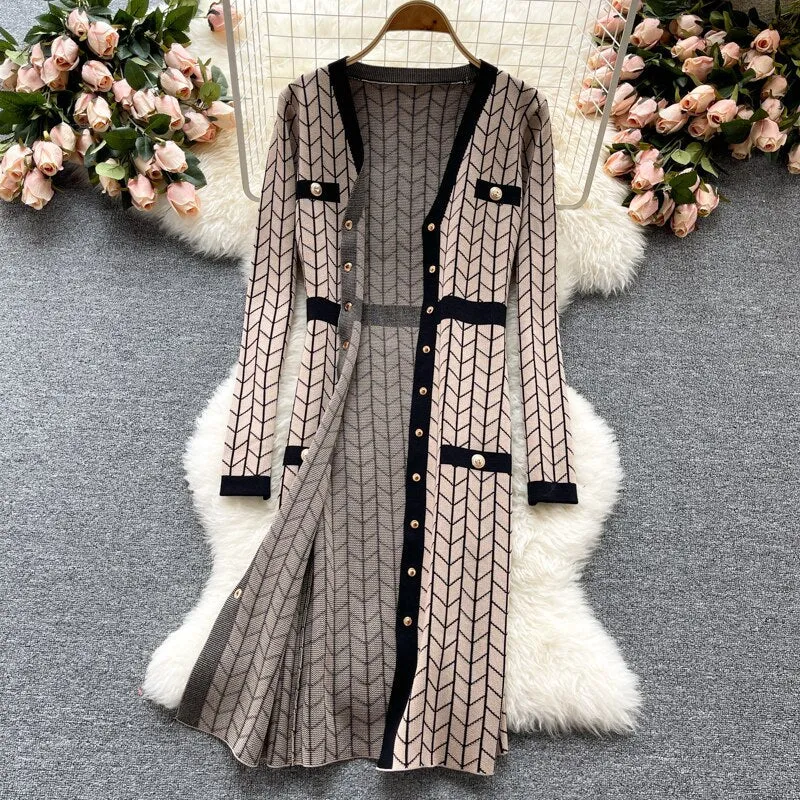 Office Lady Button Sweater Dress Woman Long Sleeve V Neck Knit Sexy Elegant Bodycon Dress Autumn Winter Women Dresses