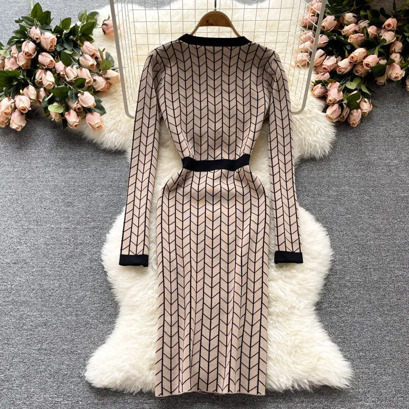 Office Lady Button Sweater Dress Woman Long Sleeve V Neck Knit Sexy Elegant Bodycon Dress Autumn Winter Women Dresses