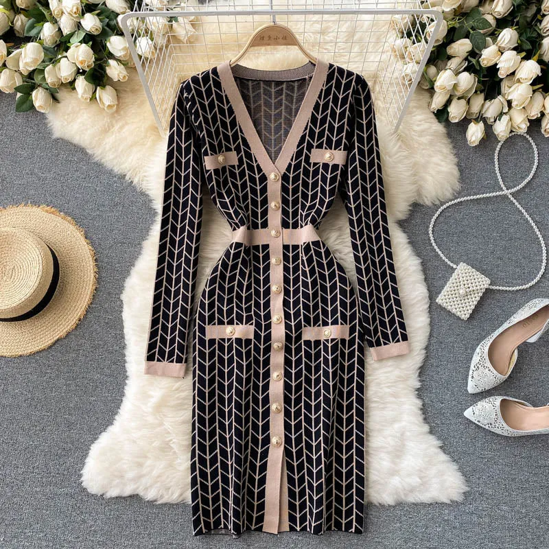 Office Lady Button Sweater Dress Woman Long Sleeve V Neck Knit Sexy Elegant Bodycon Dress Autumn Winter Women Dresses