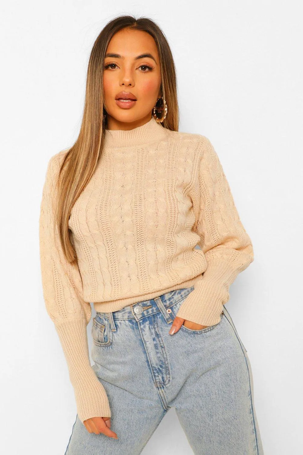 Petite Cable Knit High Neck Puff Sleeve Sweater