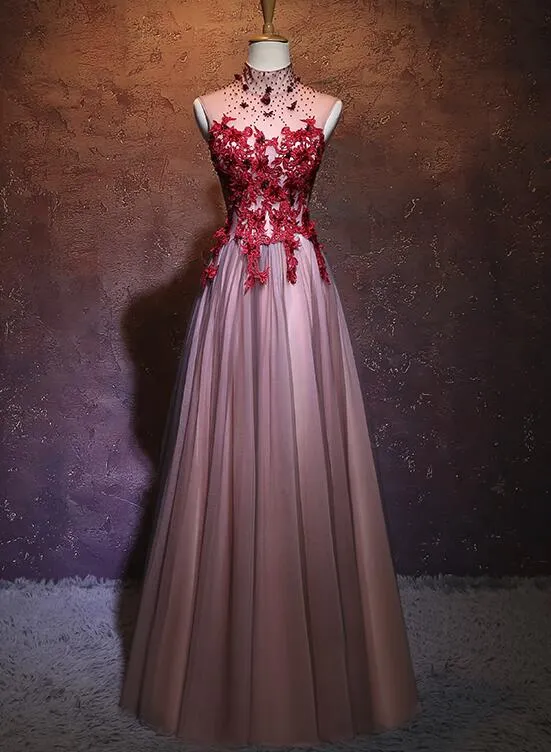 Pink High Neckline Long Formal Dress, Pink Prom Dress