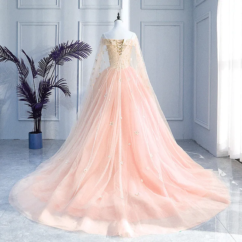 Pink Off Shoulder Tulle with Flowers Ball Gown Sweet 16 Dress, Pink Quinceanera Dress