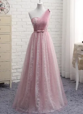 Pink One Shoulder Lace Elegant Bridesmaid Dress, Pink Bridesmaid Dress, Party Dress