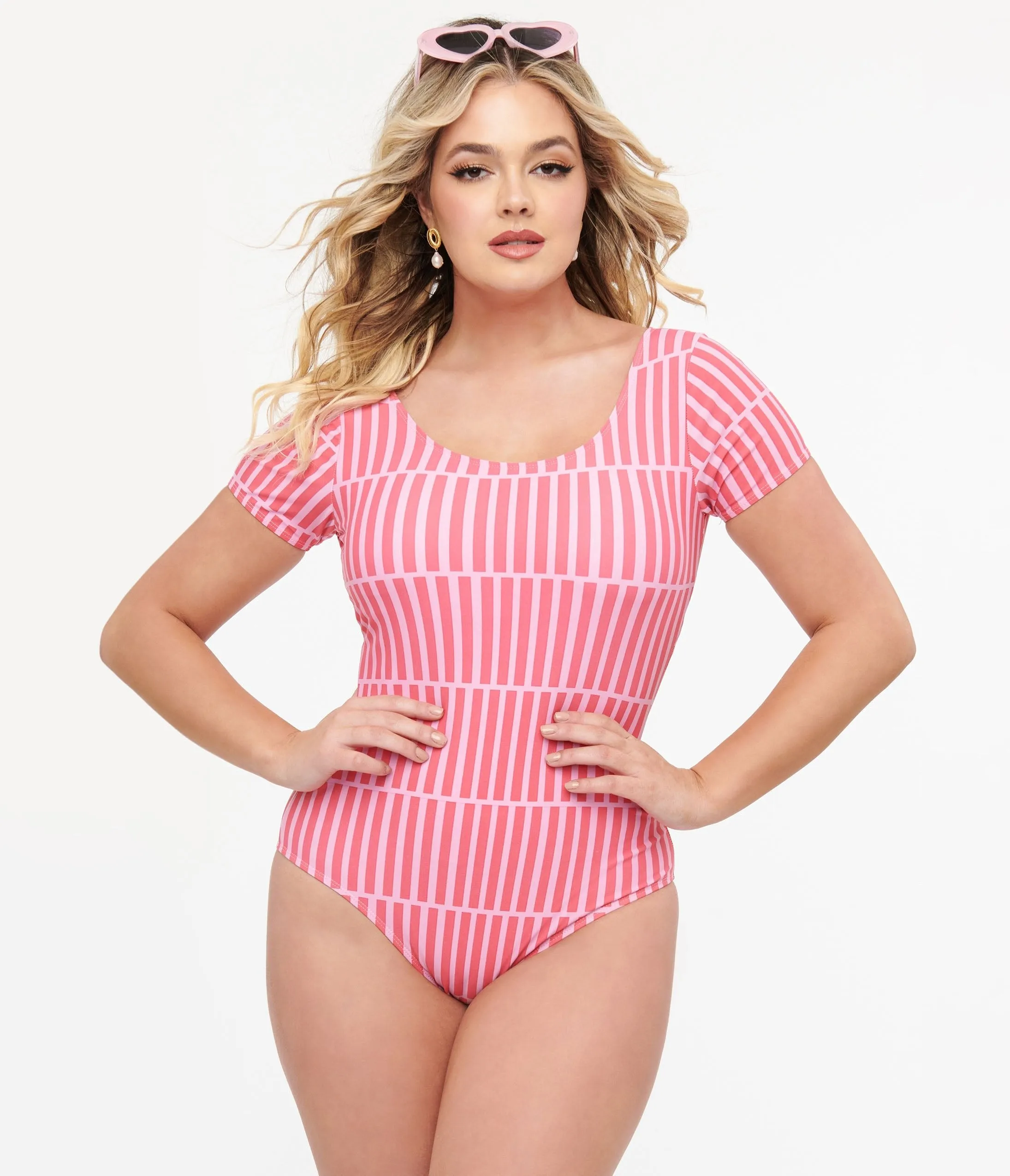 Pink Stripe Sleeved One Piece Swimsuit