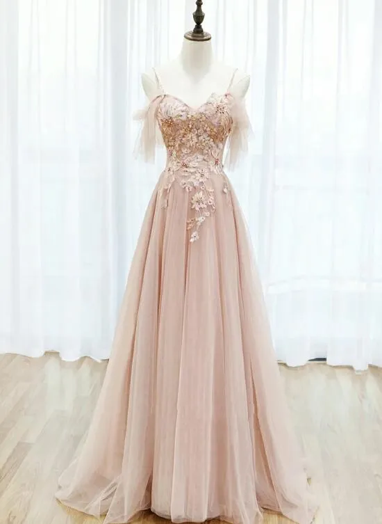 Pink Tulle Lace Applique Flowers Off Shoulder Long Party Dress, Pink A-line Prom Dress