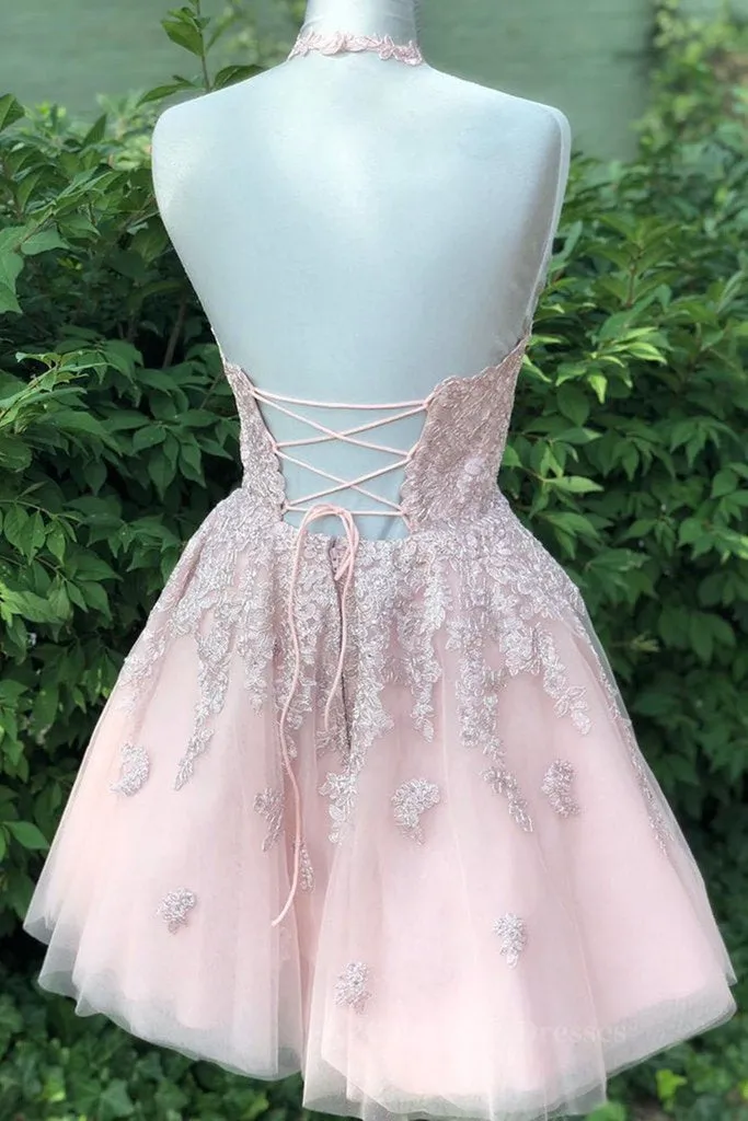 Pink tulle lace short prom dress, pink tulle lace homecoming dress