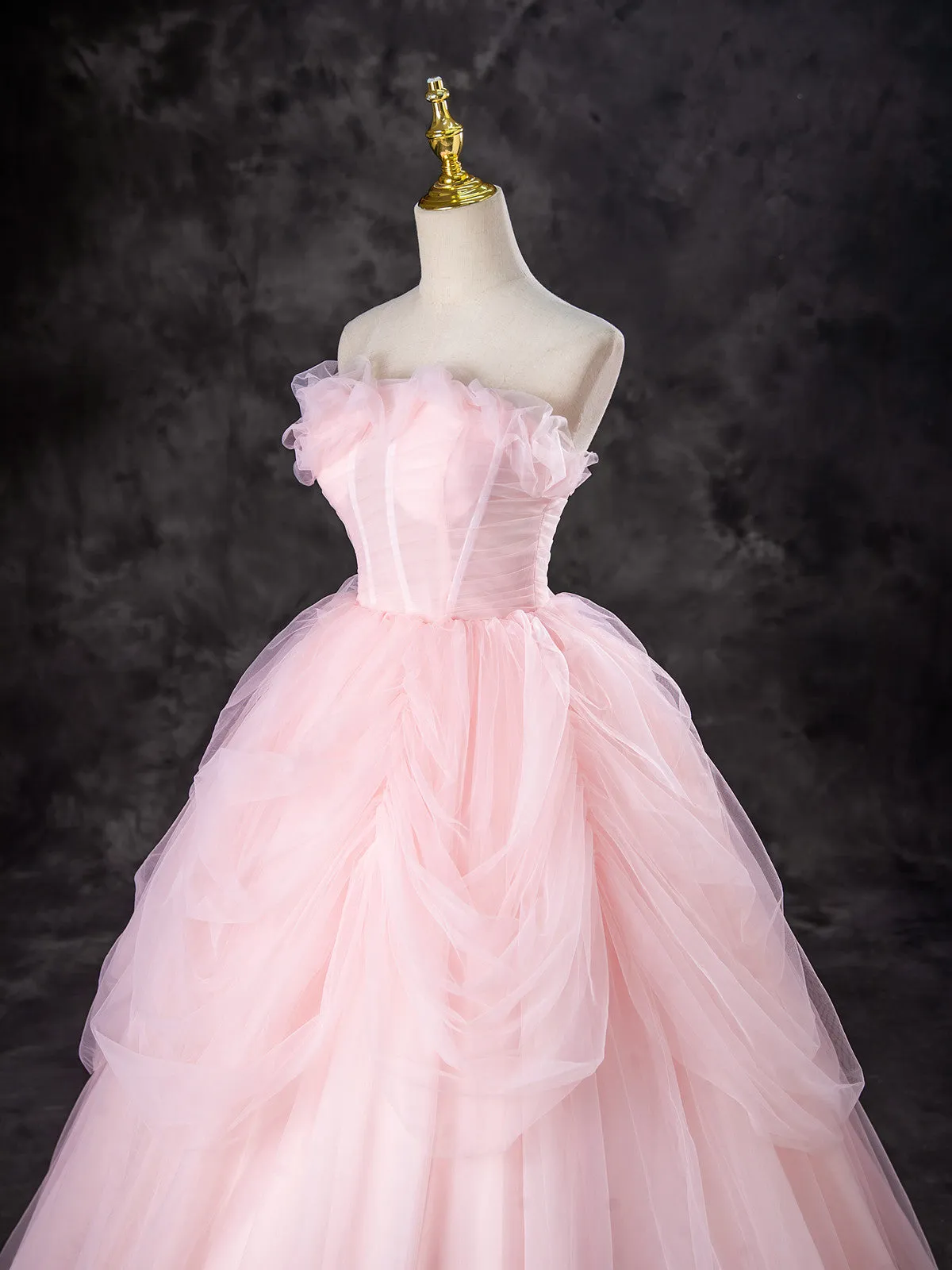 Pink Tulle Long Party Dress Evening Dress, Pink Sweet 16 Dress