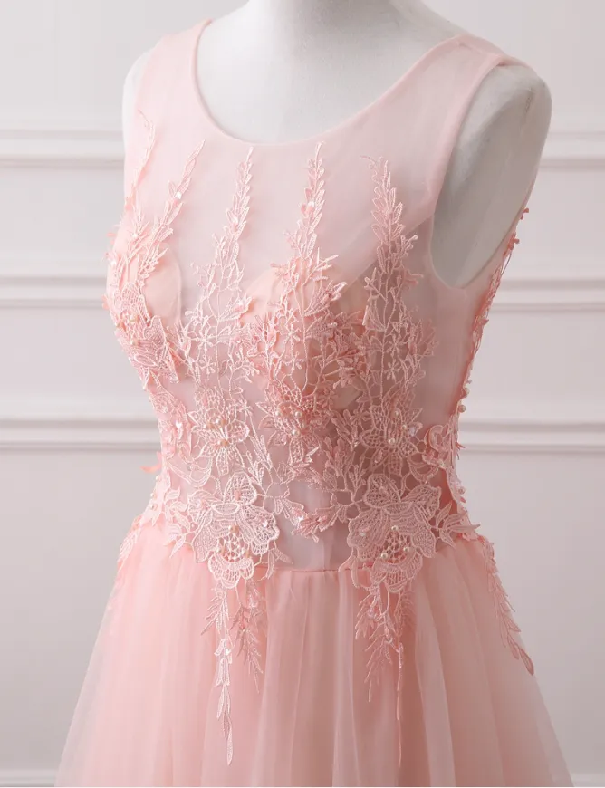 Pink Tulle Round Lace Applique Long Formal Dress, Pink Tulle Junior Prom Dress Party Dress