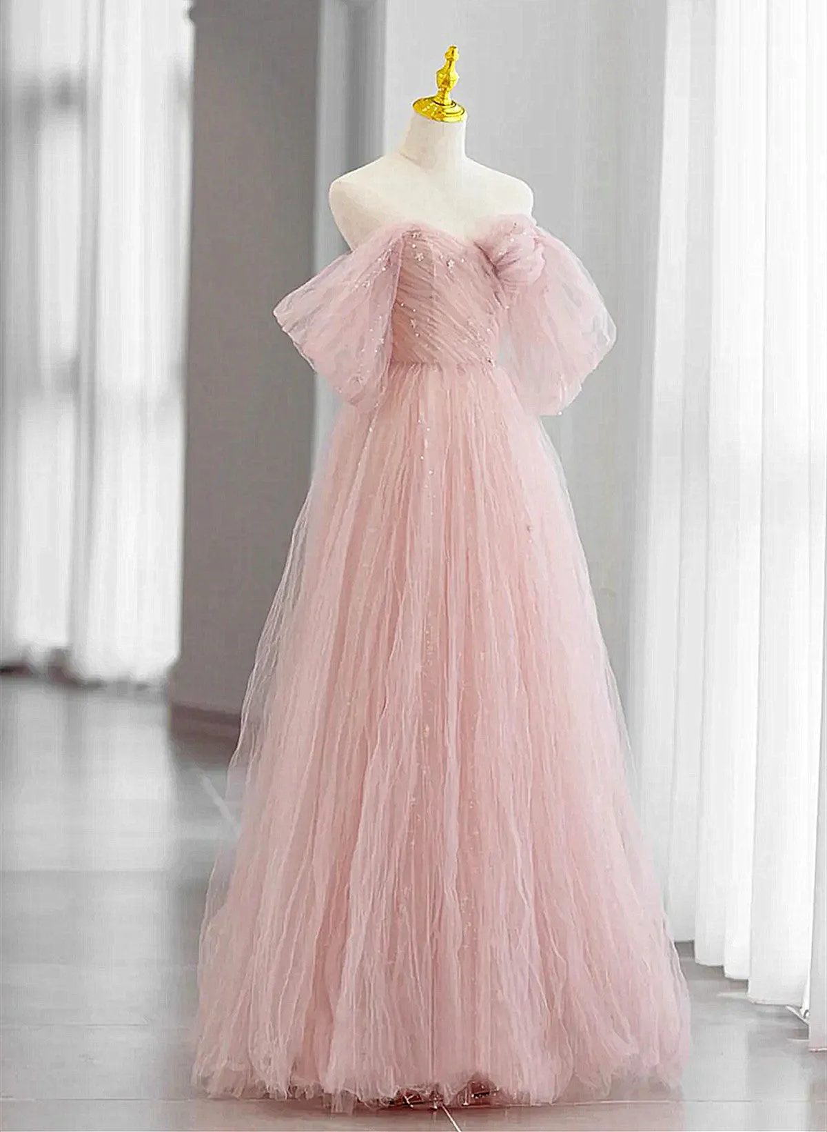 Pink Tulle Sweetheart Off Shoulder Party Dress, Pink Long Prom Dress