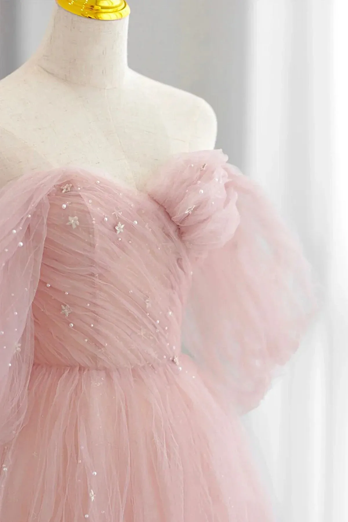 Pink Tulle Sweetheart Off Shoulder Party Dress, Pink Long Prom Dress