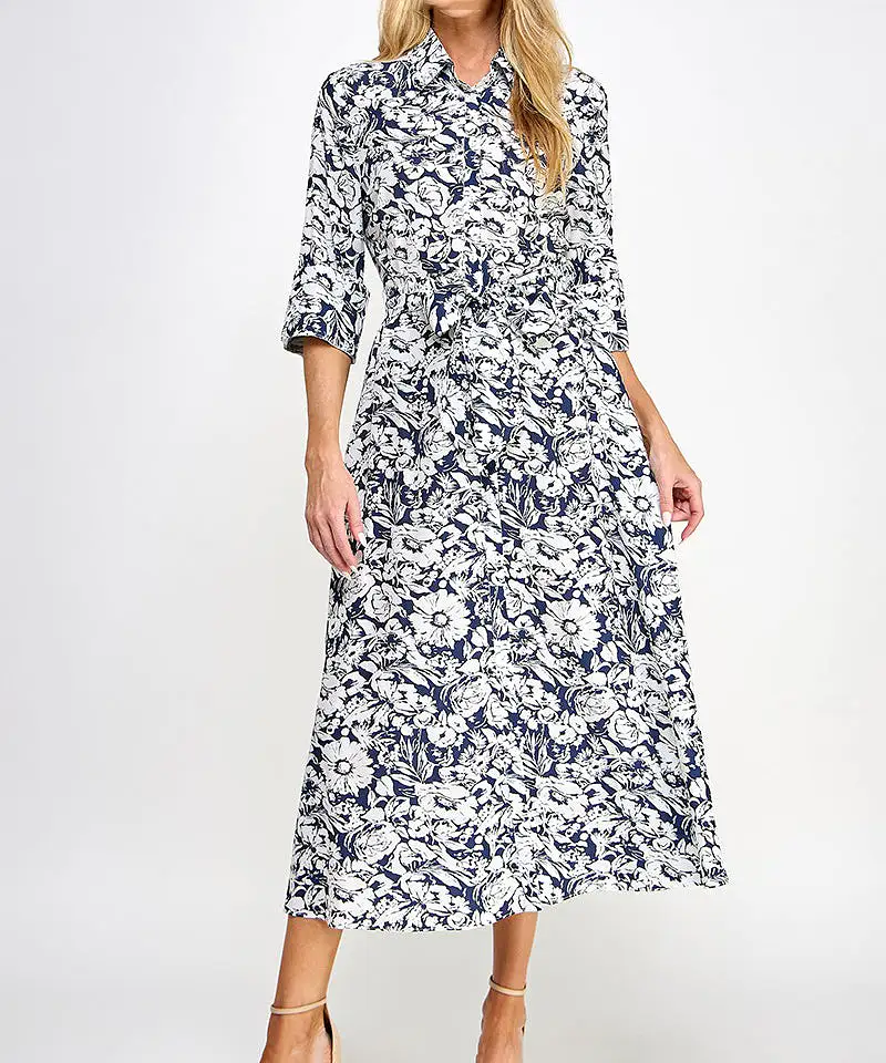 Printed Shirt Dress - Navy/White