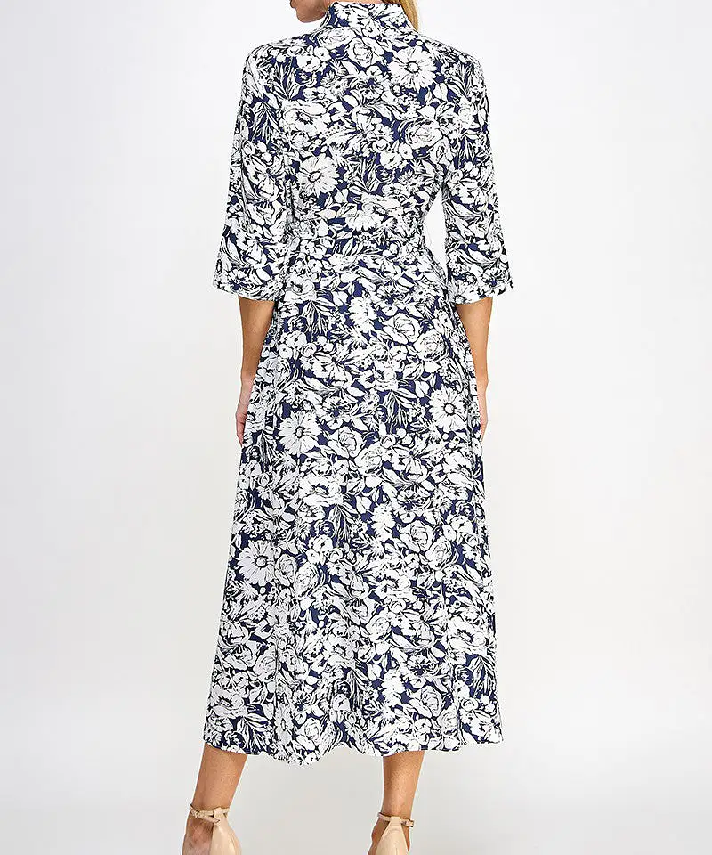 Printed Shirt Dress - Navy/White