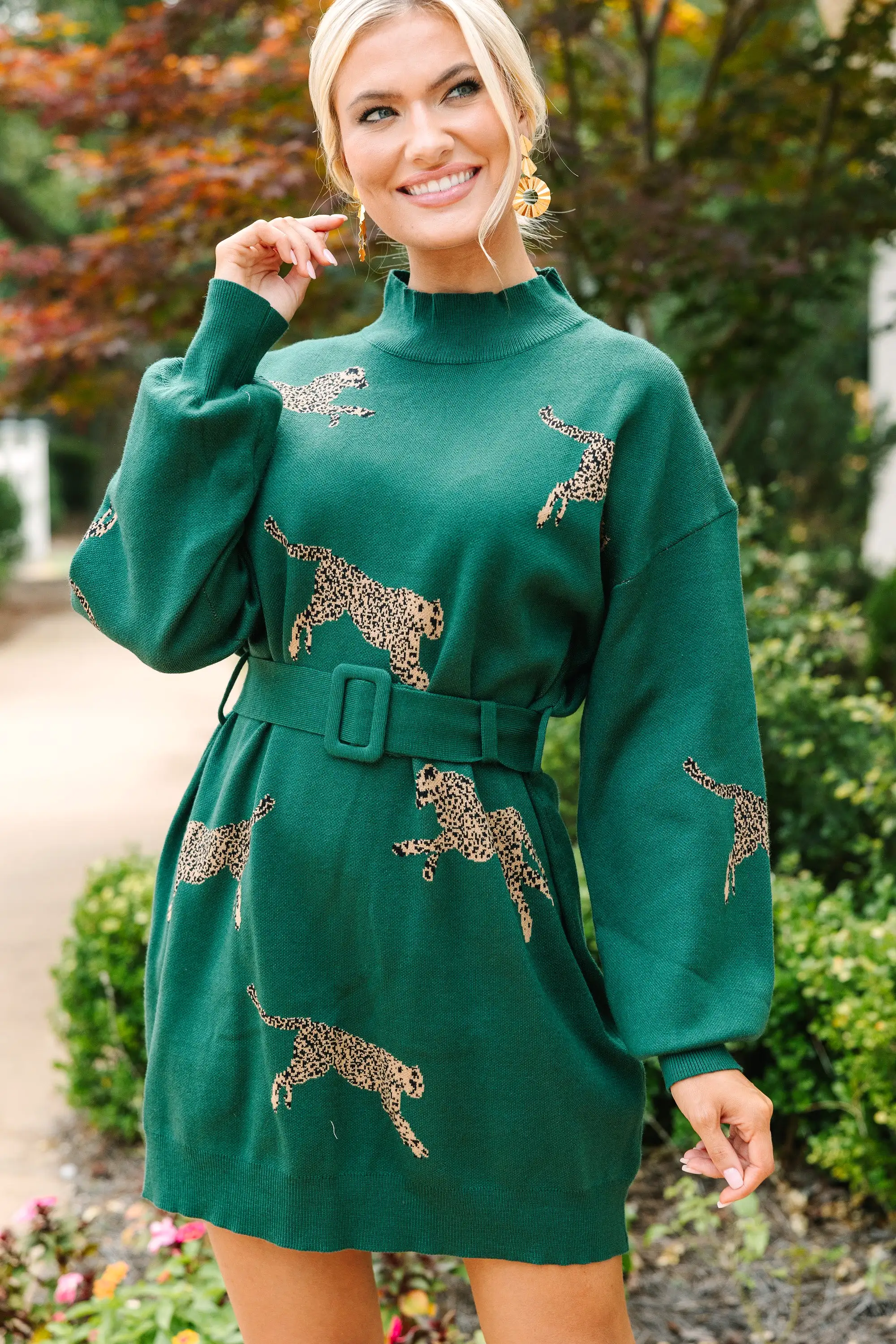 Quick Decisions Hunter Green Cheetah Sweater Dress