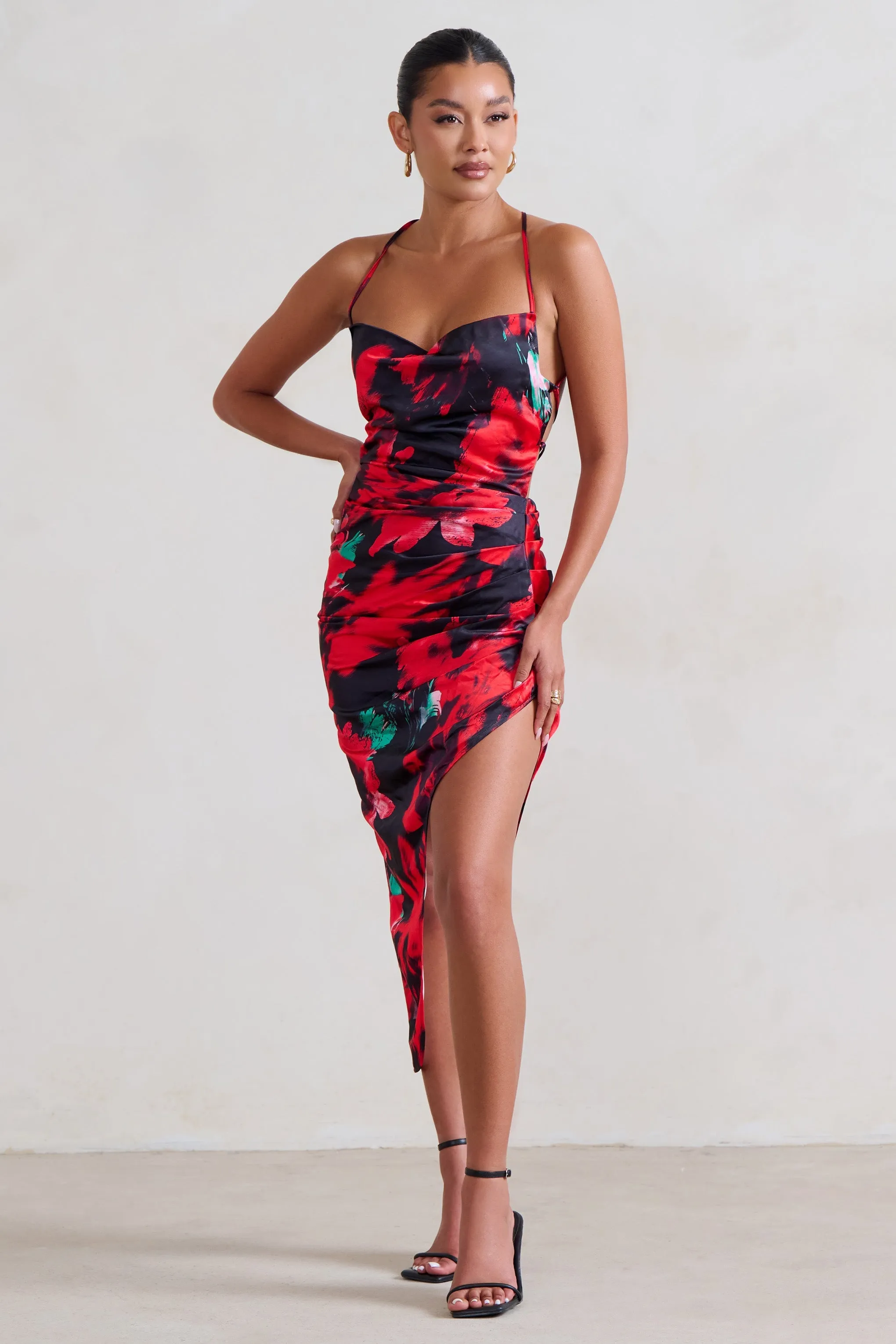 Risk It All | Black & Red Floral Print Cami Cowl Neck Asymmetric Hem Dress