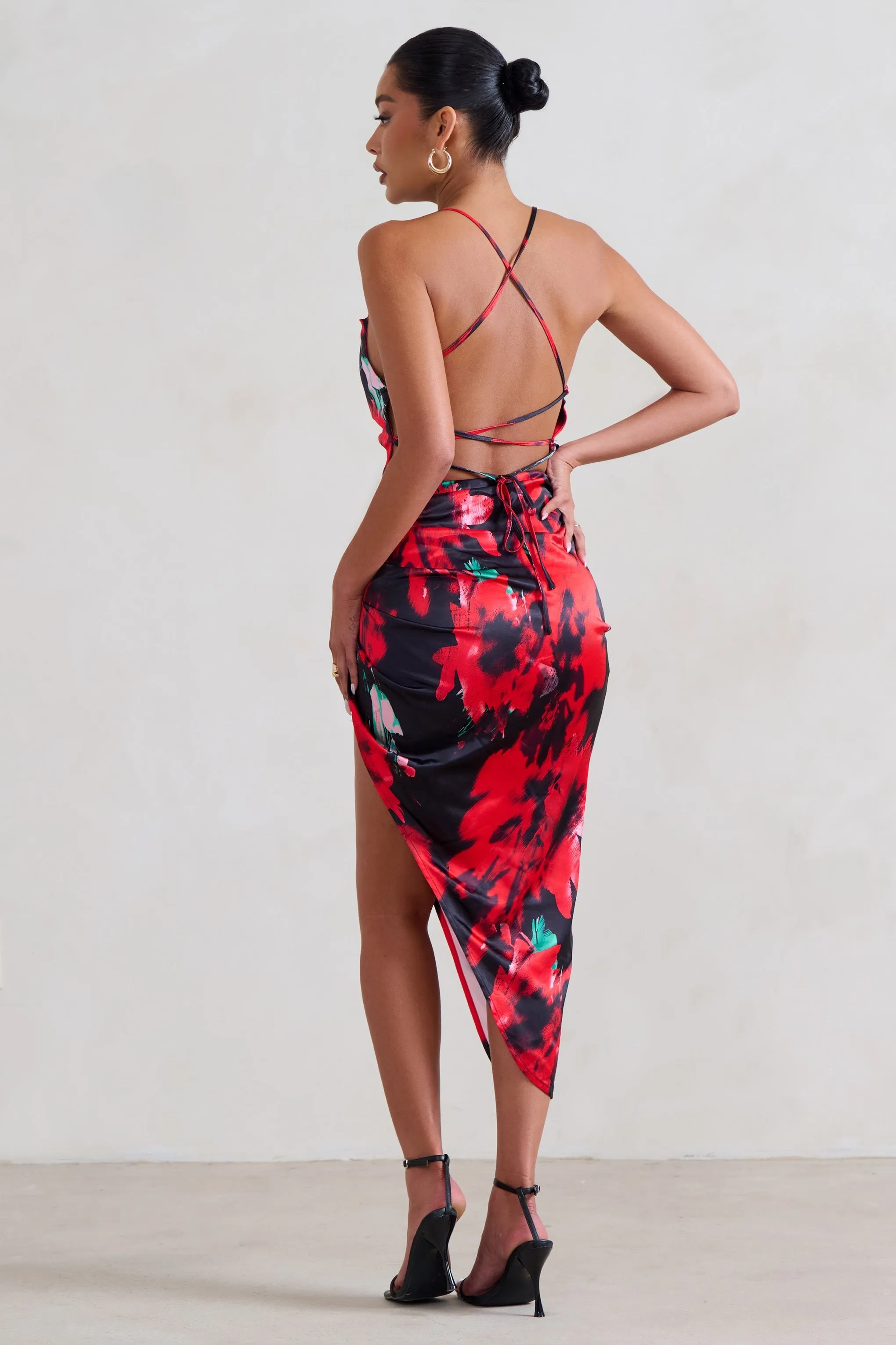 Risk It All | Black & Red Floral Print Cami Cowl Neck Asymmetric Hem Dress