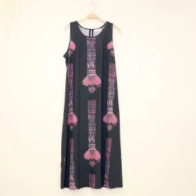 Sabado Design Sleeveless A Line Dress - Pink Tree on Black