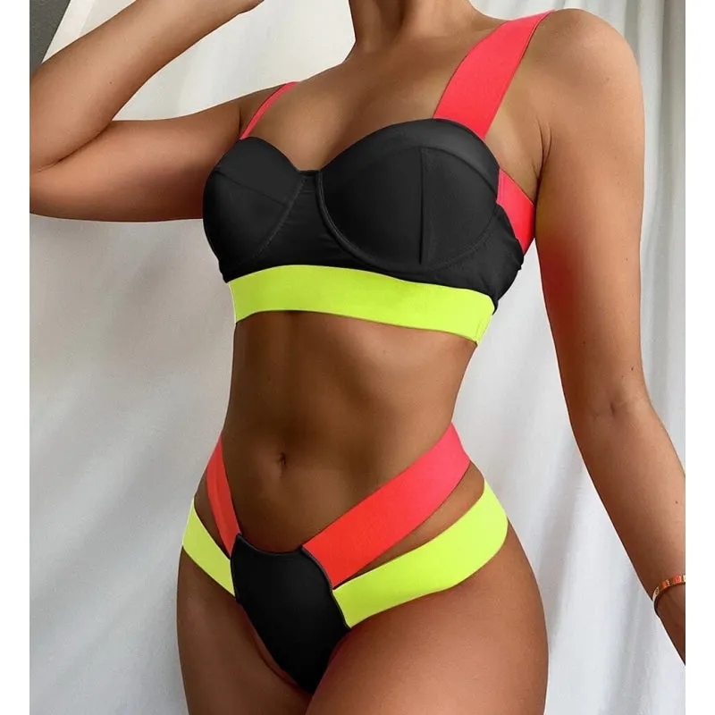 Sexy Bandage Style Neon Push Up Bra Brazilian Thong Swimwear Bathing Suit