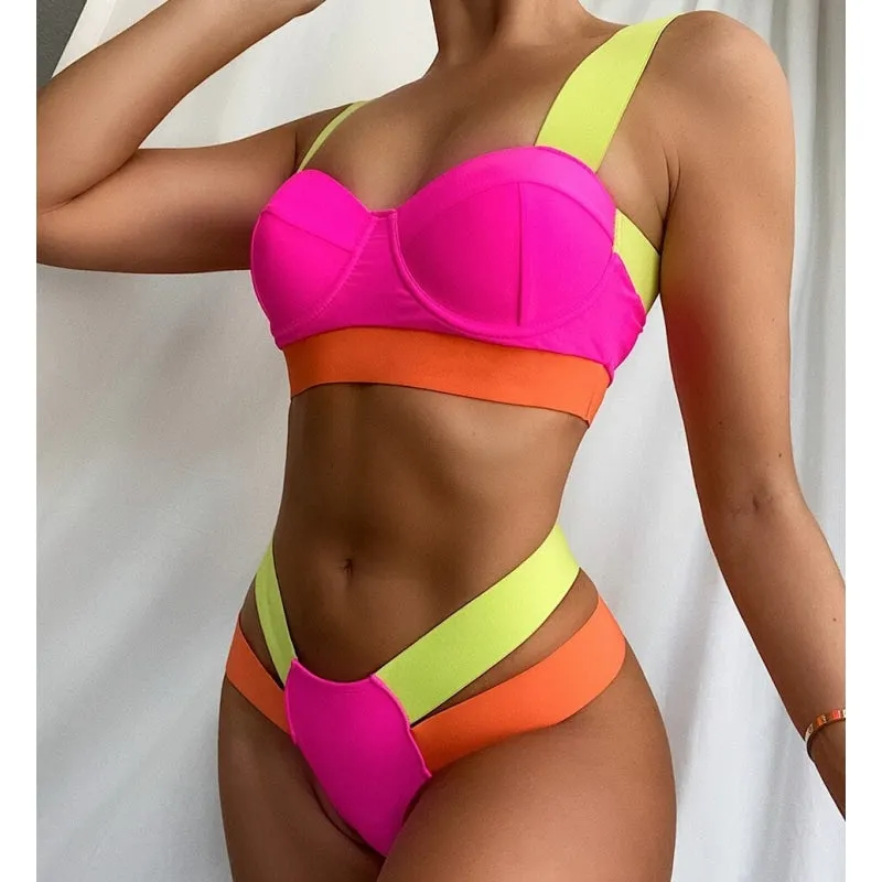 Sexy Bandage Style Neon Push Up Bra Brazilian Thong Swimwear Bathing Suit