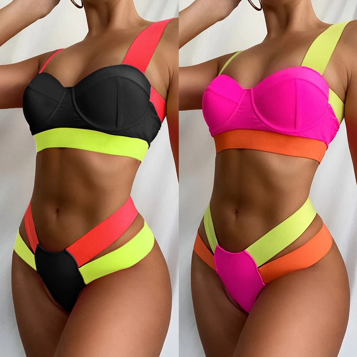 Sexy Bandage Style Neon Push Up Bra Brazilian Thong Swimwear Bathing Suit