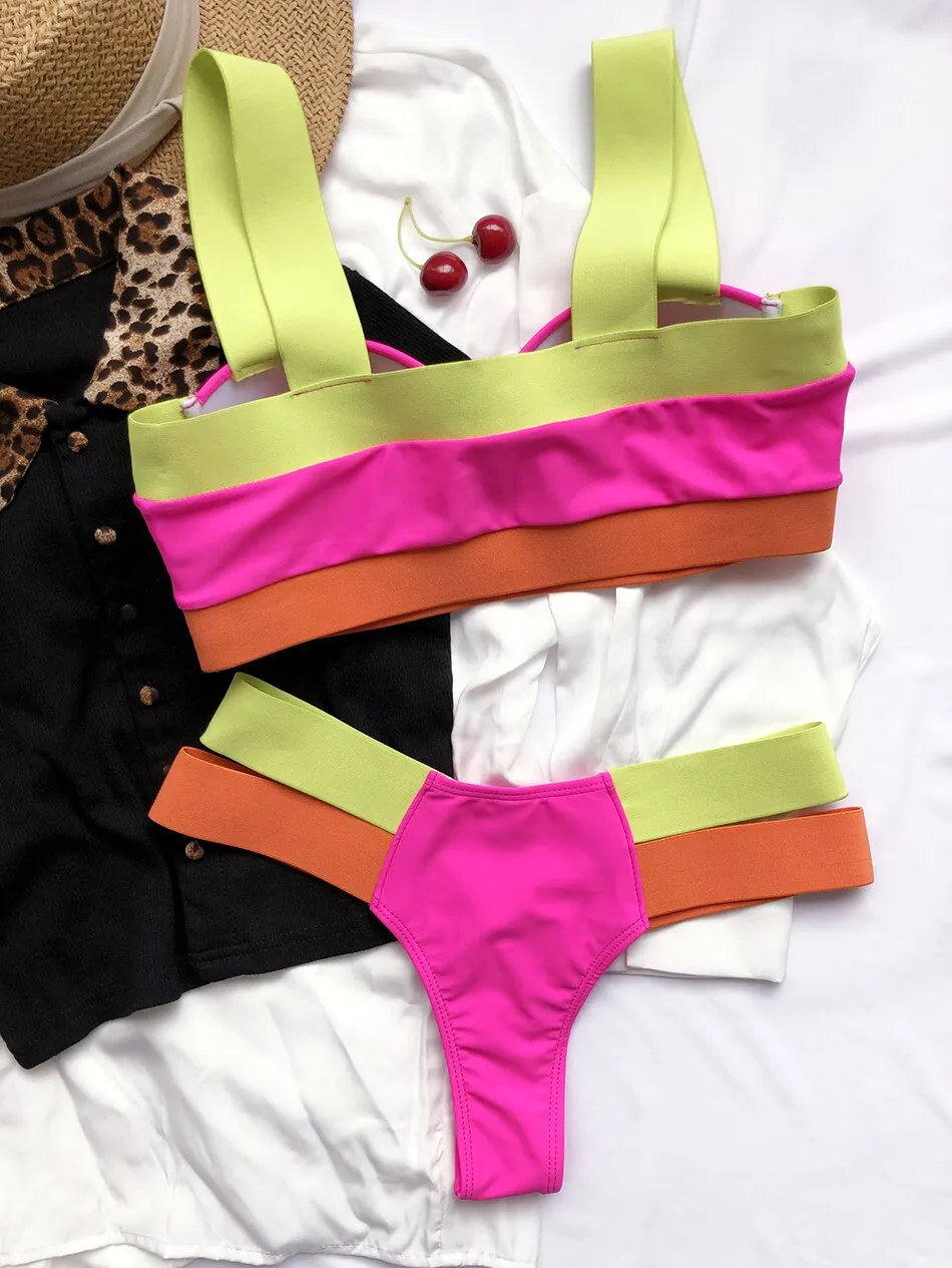 Sexy Bandage Style Neon Push Up Bra Brazilian Thong Swimwear Bathing Suit