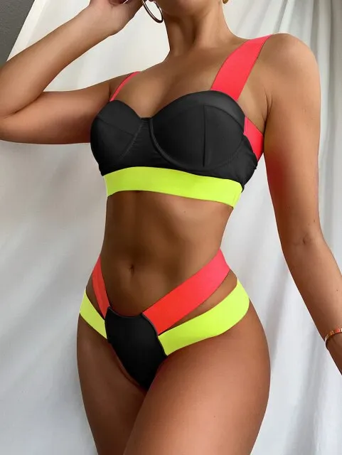 Sexy Bandage Style Neon Push Up Bra Brazilian Thong Swimwear Bathing Suit