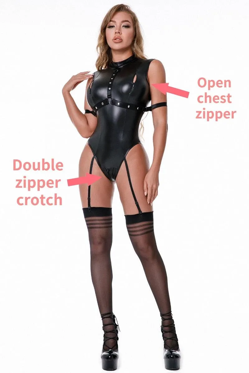 Sexy Female Bodysuit Shiny Faux Leather Body Shaper Corset Jumpsuit