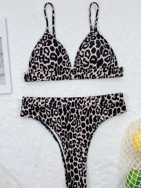 Sexy Leopard Print Push Up Wirefree Padded High Waist Bathing Bikini Set