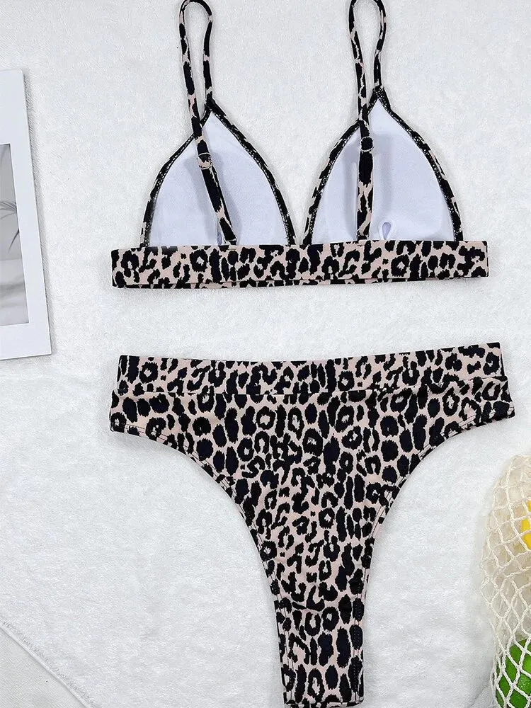 Sexy Leopard Print Push Up Wirefree Padded High Waist Bathing Bikini Set