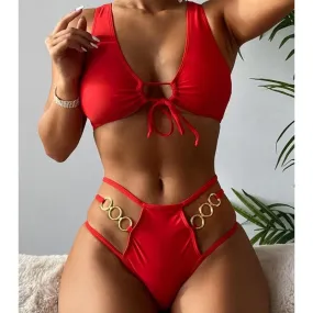 Sexy Micro Bikini Set Hollow Out Chain Decor Push Up Solid Color Swimsuit